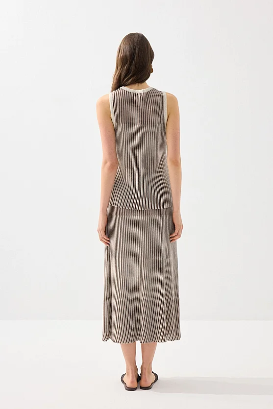 Çift Renkli Viskon Triko Pilise Etek - Kahverengi - 5