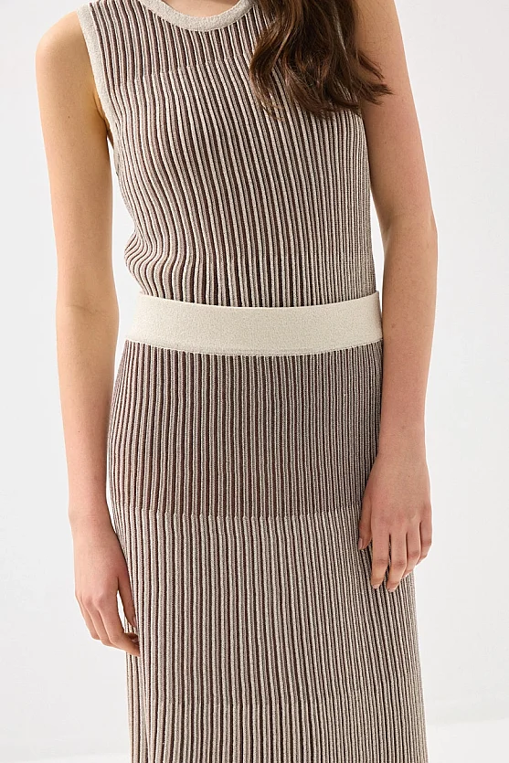 Çift Renkli Viskon Triko Pilise Etek - Kahverengi - Gusto