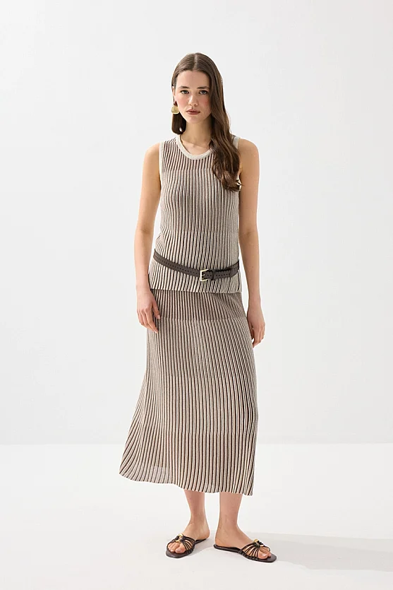 Çift Renkli Viskon Triko Pilise Etek - Kahverengi - Gusto