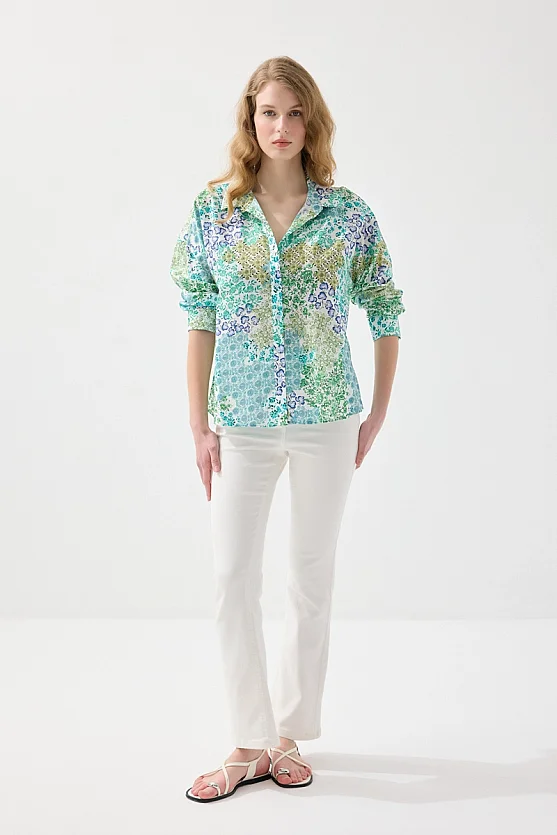 Çıtır Desenli Rahat Kesim Koton Gömlek - Yeşil - Gusto