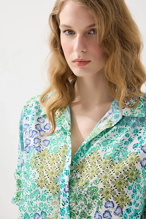 Çıtır Desenli Rahat Kesim Koton Gömlek - Yeşil - Gusto