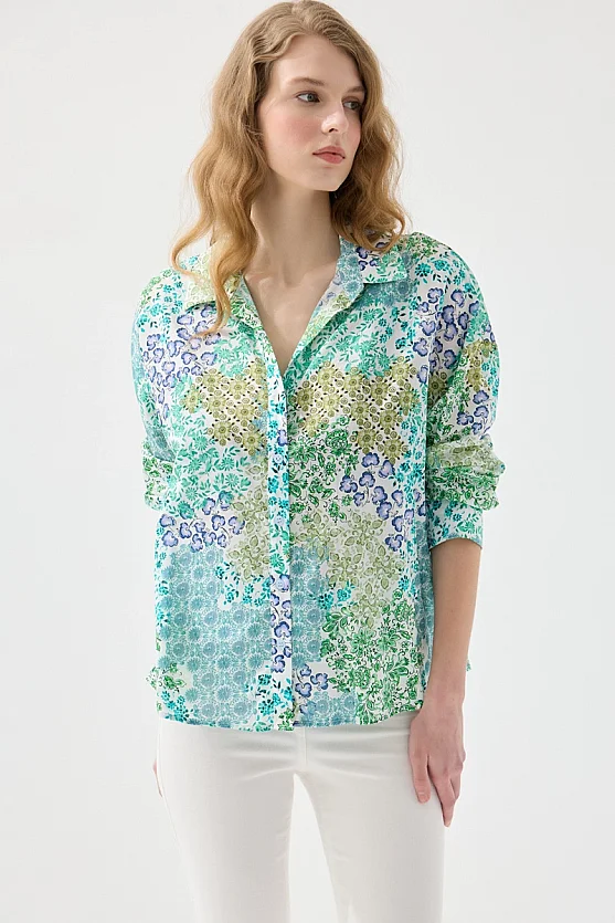 Çıtır Desenli Rahat Kesim Koton Gömlek - Yeşil - 1