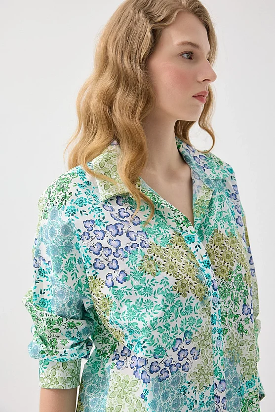 Çıtır Desenli Rahat Kesim Koton Gömlek - Yeşil - Gusto