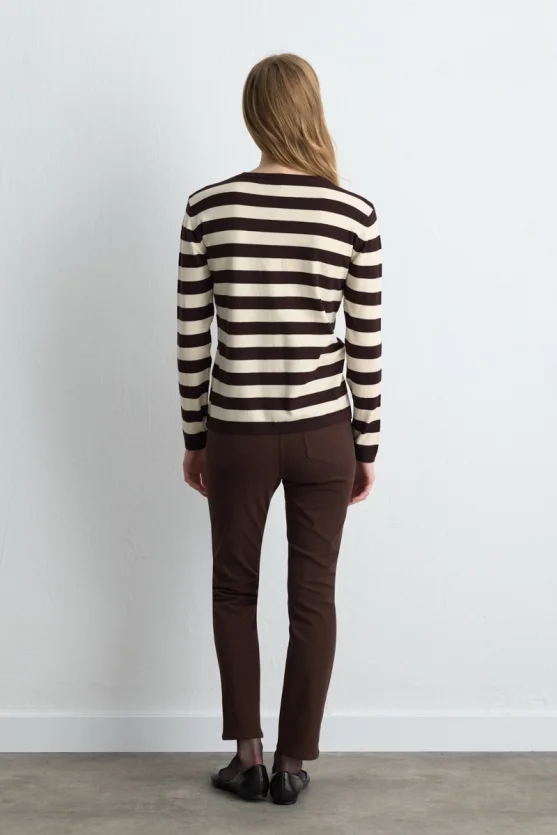 Çizgili Basic Triko Bluz - Kahverengi - 5