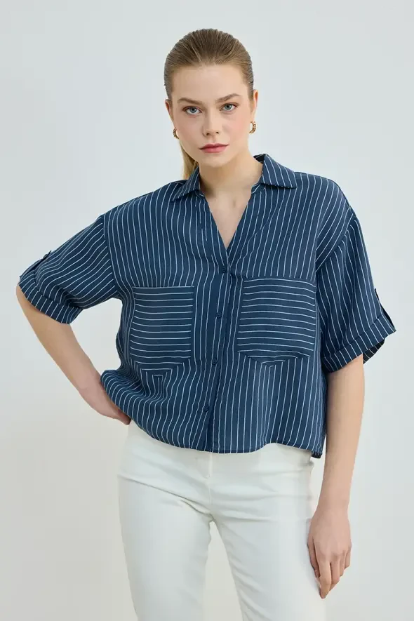 Çizgili Cepli Kısa Gömlek - Lacivert - Gusto