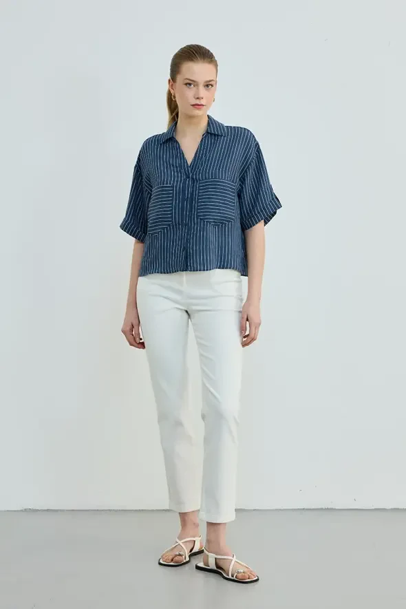 Çizgili Cepli Kısa Gömlek - Lacivert - Gusto
