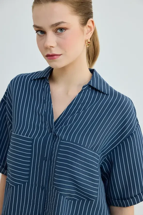 Çizgili Cepli Kısa Gömlek - Lacivert - Gusto
