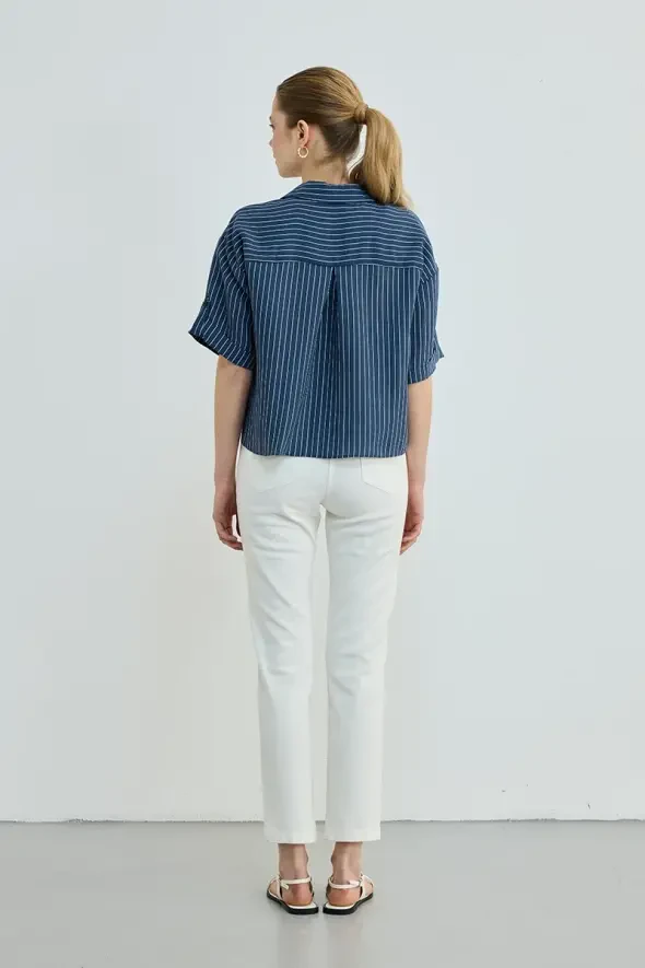Çizgili Cepli Kısa Gömlek - Lacivert - Gusto