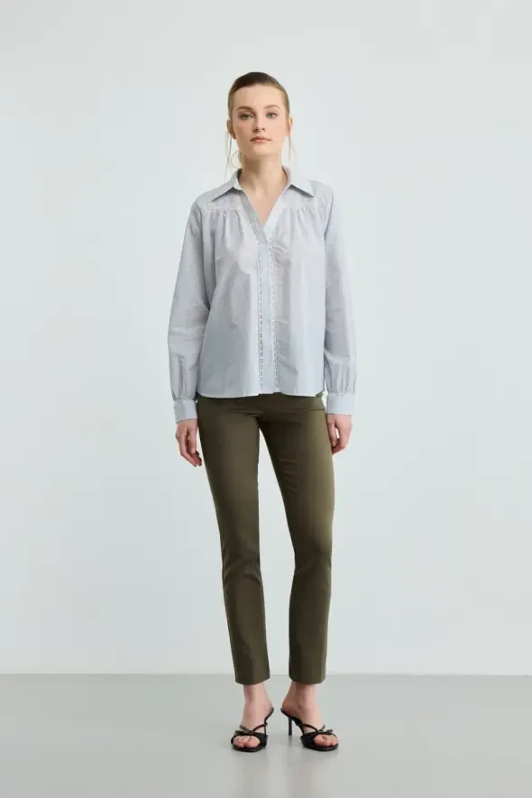 Çizgili Dantel Detaylı Koton Gömlek - Lacivert - Gusto