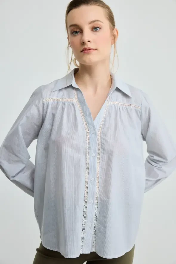 Çizgili Dantel Detaylı Koton Gömlek - Lacivert - Gusto