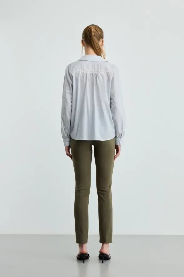 Çizgili Dantel Detaylı Koton Gömlek - Lacivert - Gusto