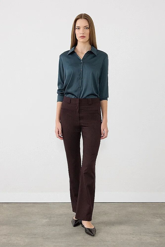 Çizgili Flare Pantolon - Bordo - Gusto