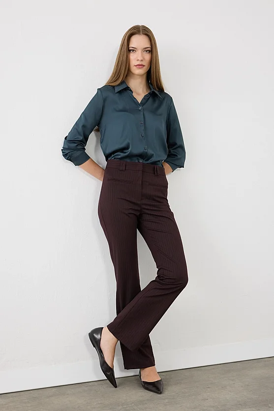 Çizgili Flare Pantolon - Bordo - Gusto