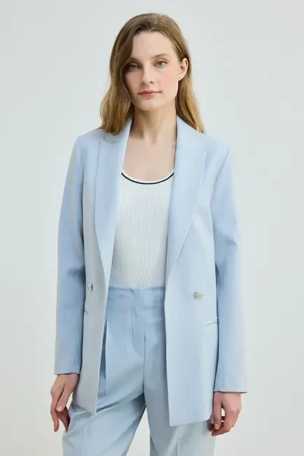 Çizgili İki Düğmeli Blazer Ceket - Mavi - Gusto