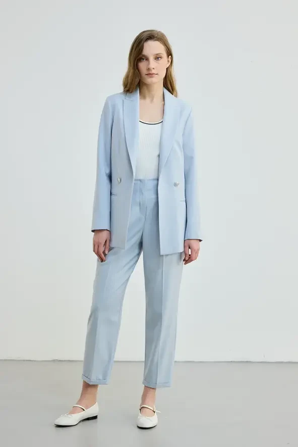 Çizgili İki Düğmeli Blazer Ceket - Mavi - 2