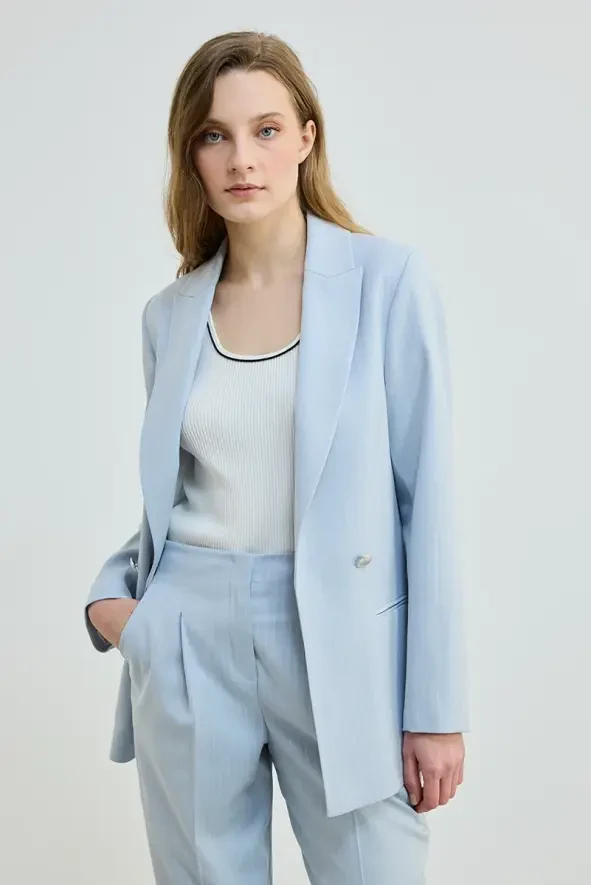 Çizgili İki Düğmeli Blazer Ceket - Mavi - 3