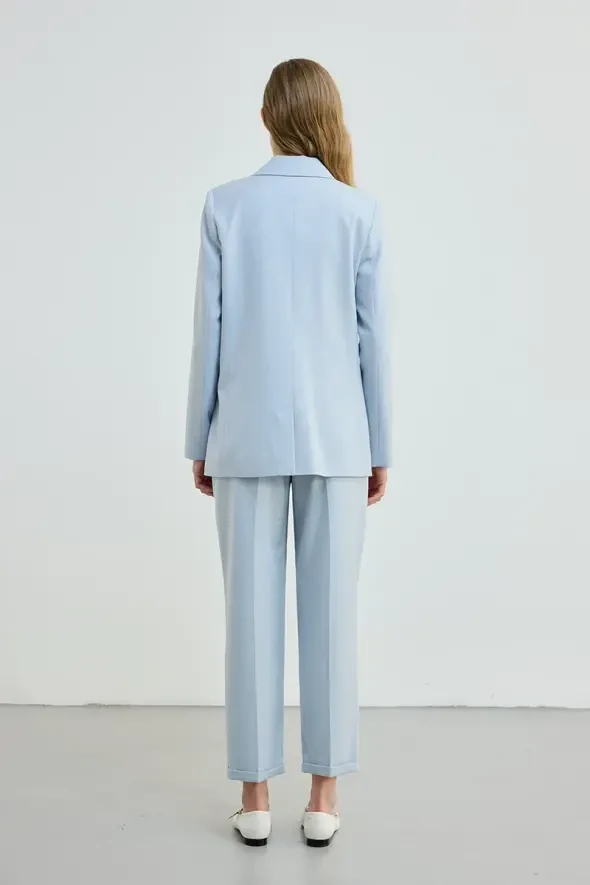 Çizgili İki Düğmeli Blazer Ceket - Mavi - 5