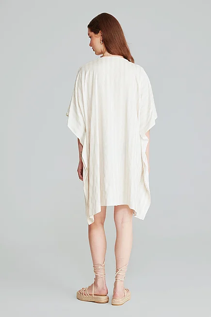 Çizgili Keten Dokulu Kimono - Ekru - 8