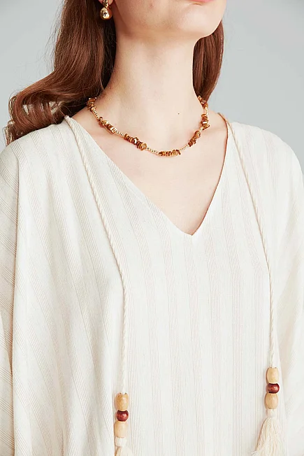 Çizgili Keten Dokulu Kimono - Ekru - Gusto