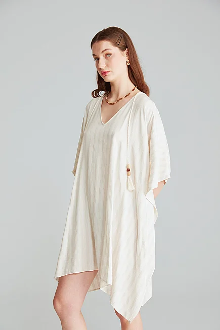 Çizgili Keten Dokulu Kimono - Ekru - 1