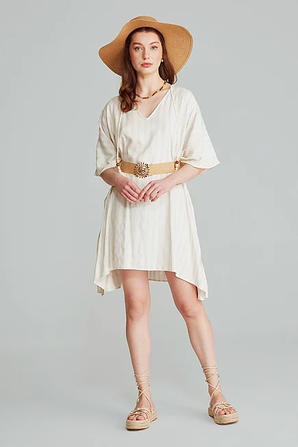 Çizgili Keten Dokulu Kimono - Ekru - Gusto