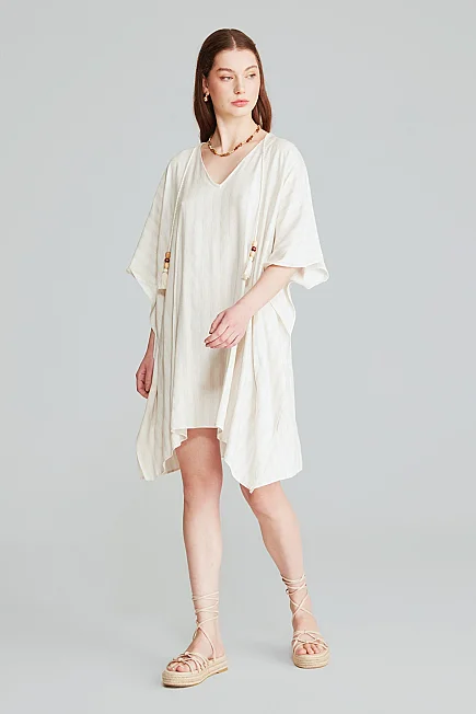 Çizgili Keten Dokulu Kimono - Ekru - 4