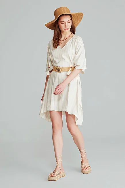Çizgili Keten Dokulu Kimono - Ekru - Gusto