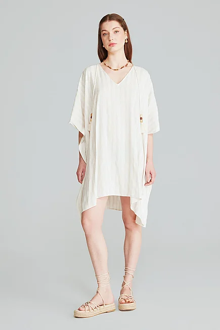 Çizgili Keten Dokulu Kimono - Ekru - 6