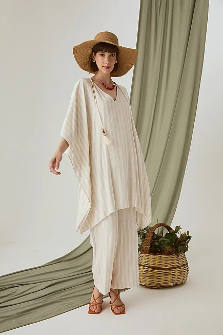 Çizgili Keten Dokulu Kimono - Ekru - 2