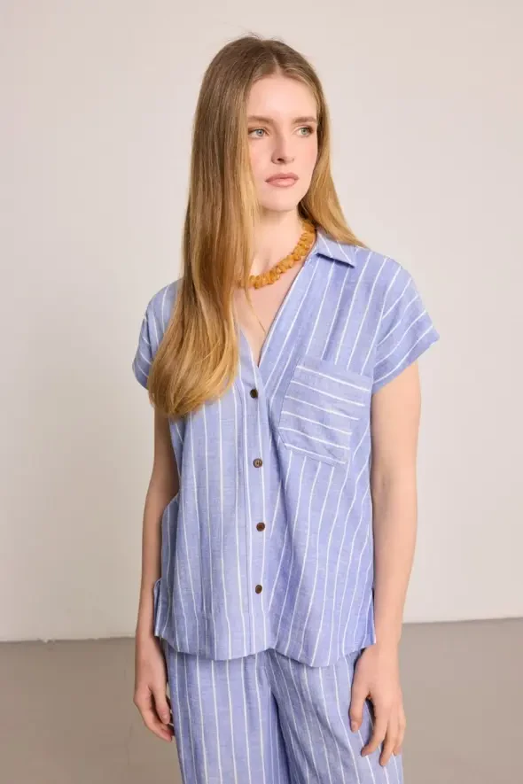 Çizgili Keten Karışımlı Gömlek - Mavi - 1