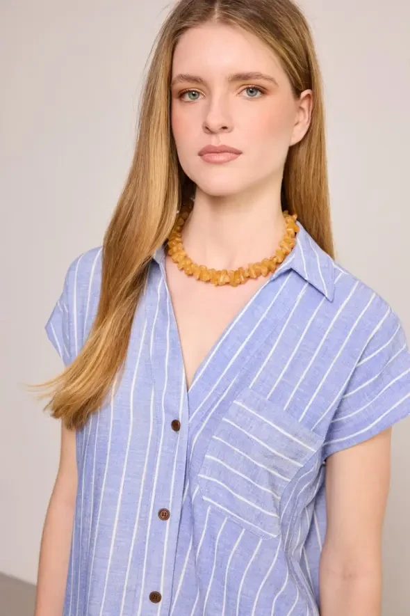 Çizgili Keten Karışımlı Gömlek - Mavi - 3