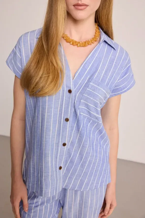 Çizgili Keten Karışımlı Gömlek - Mavi - 4