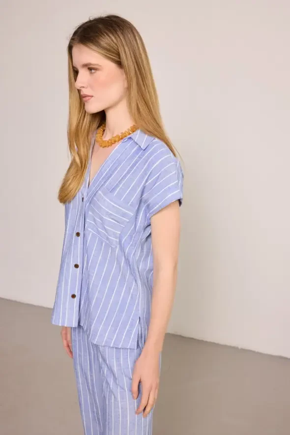 Çizgili Keten Karışımlı Gömlek - Mavi - 5