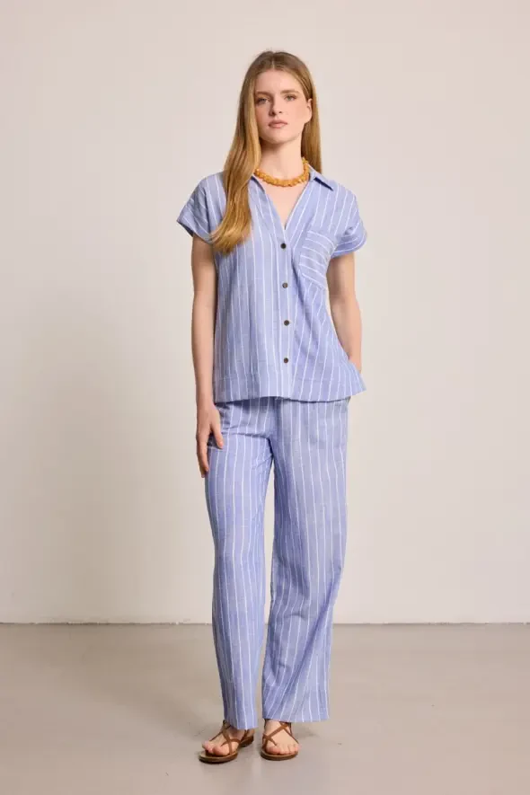 Çizgili Keten Karışımlı Gömlek - Mavi - 2