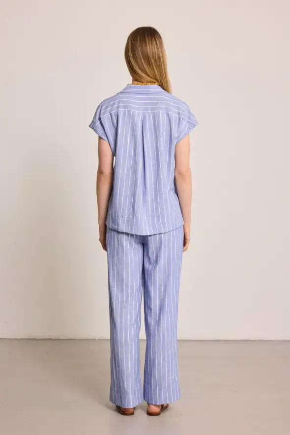 Çizgili Keten Karışımlı Gömlek - Mavi - 6