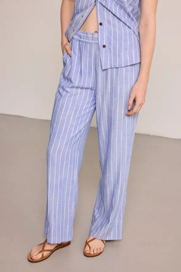 Çizgili Keten Karışımlı Pantolon - Mavi - Gusto