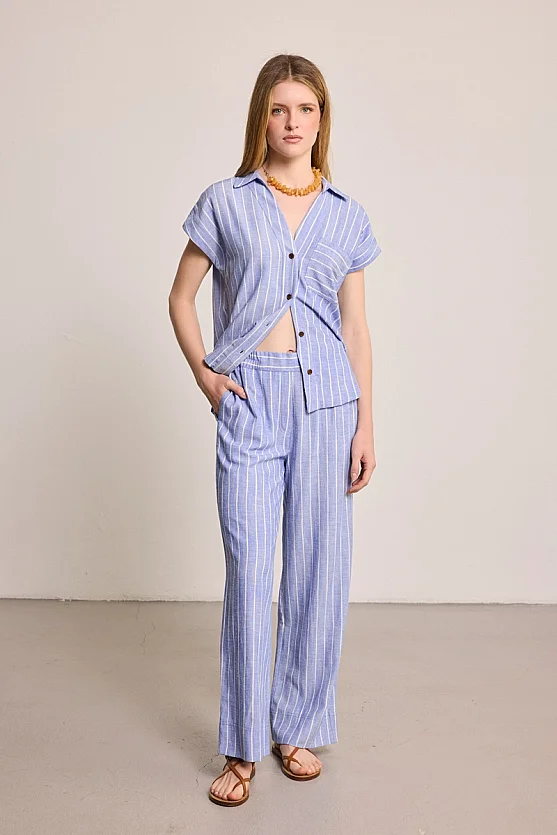 Çizgili Keten Karışımlı Pantolon - Mavi - 1