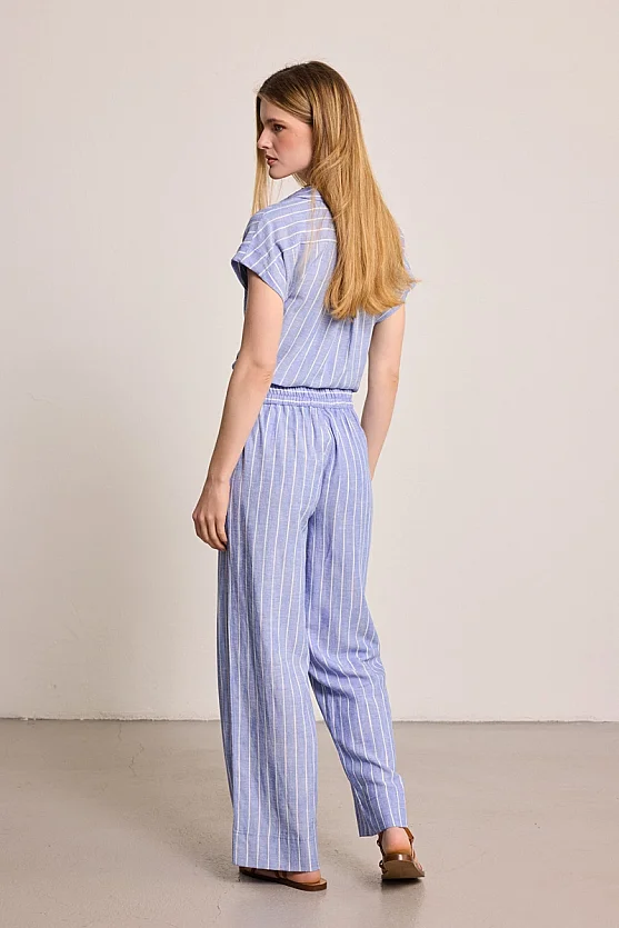 Çizgili Keten Karışımlı Pantolon - Mavi - 3