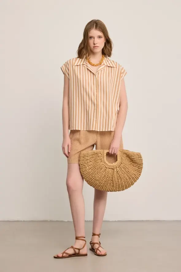 Çizgili Keten Şort - Kiremit - 1
