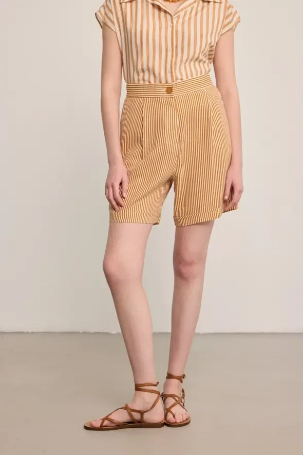 Çizgili Keten Şort - Kiremit - 2