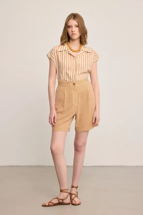 Çizgili Keten Şort - Kiremit - 3