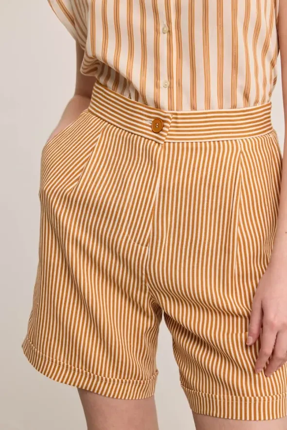 Çizgili Keten Şort - Kiremit - 4