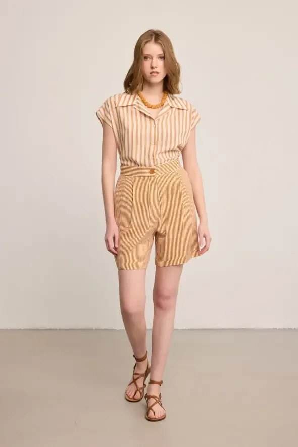 Çizgili Keten Şort - Kiremit - 5