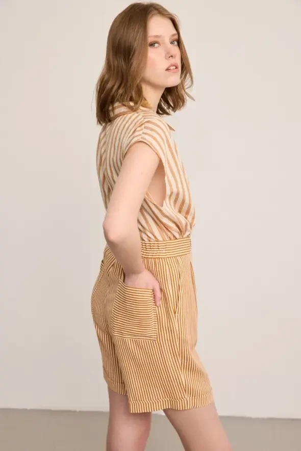 Çizgili Keten Şort - Kiremit - 6