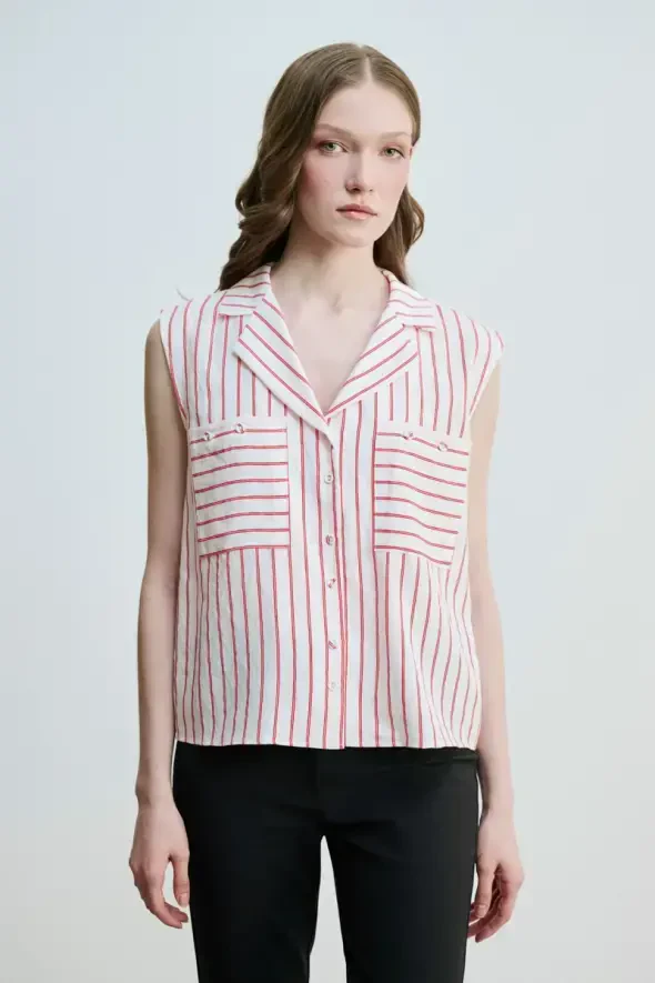 Çizgili Kolsuz Gömlek - Kırmızı - Gusto