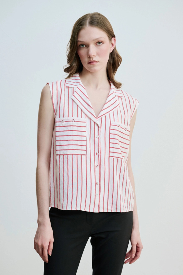 Çizgili Kolsuz Gömlek - Kırmızı - Gusto