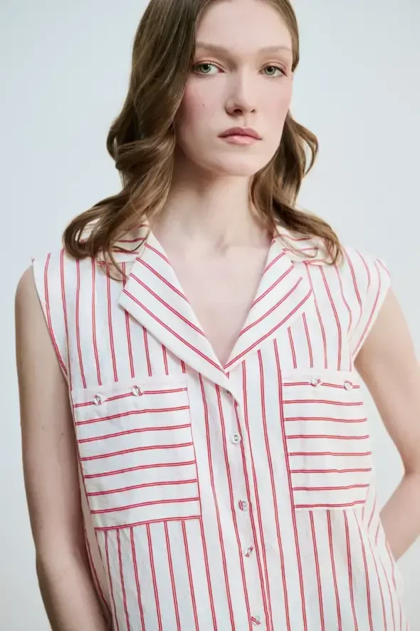 Çizgili Kolsuz Gömlek - Kırmızı - Gusto