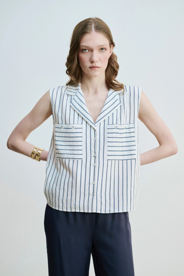 Çizgili Kolsuz Gömlek - Lacivert - Gusto