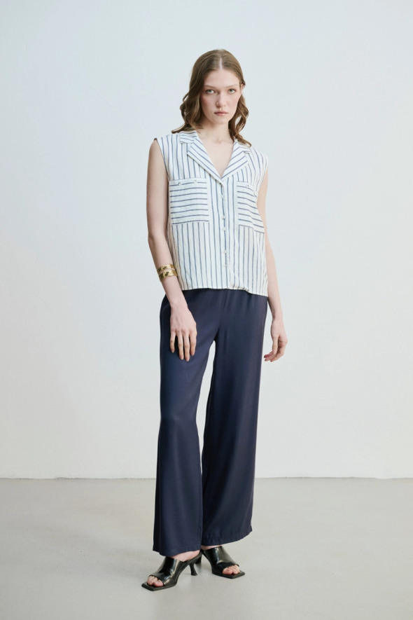 Çizgili Kolsuz Gömlek - Lacivert - Gusto