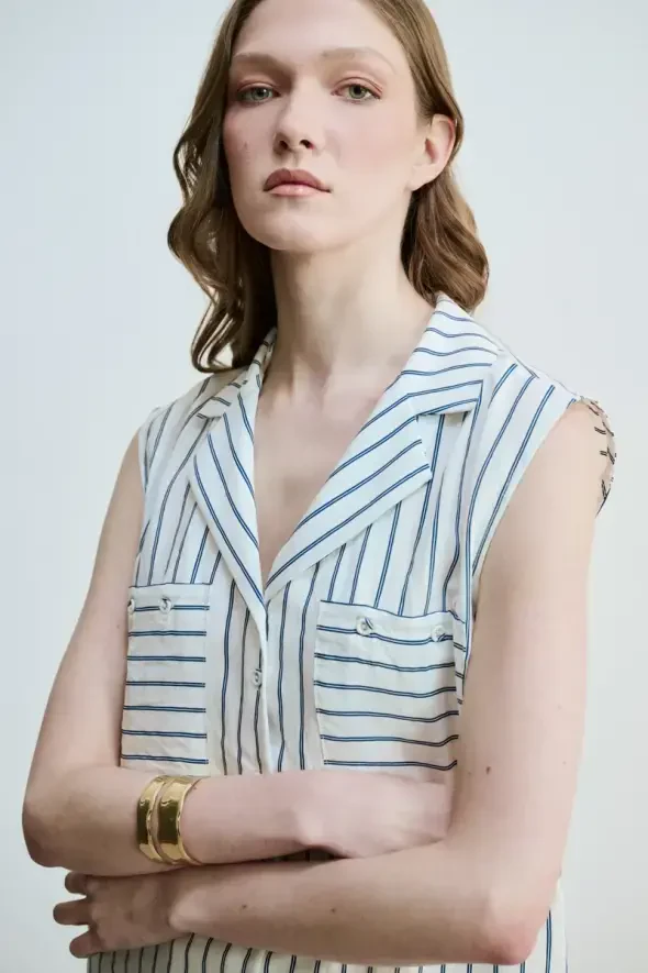 Çizgili Kolsuz Gömlek - Lacivert - Gusto